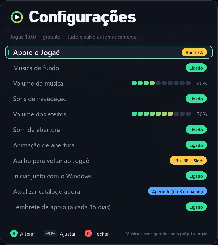 Tela de configurações do Jogaê