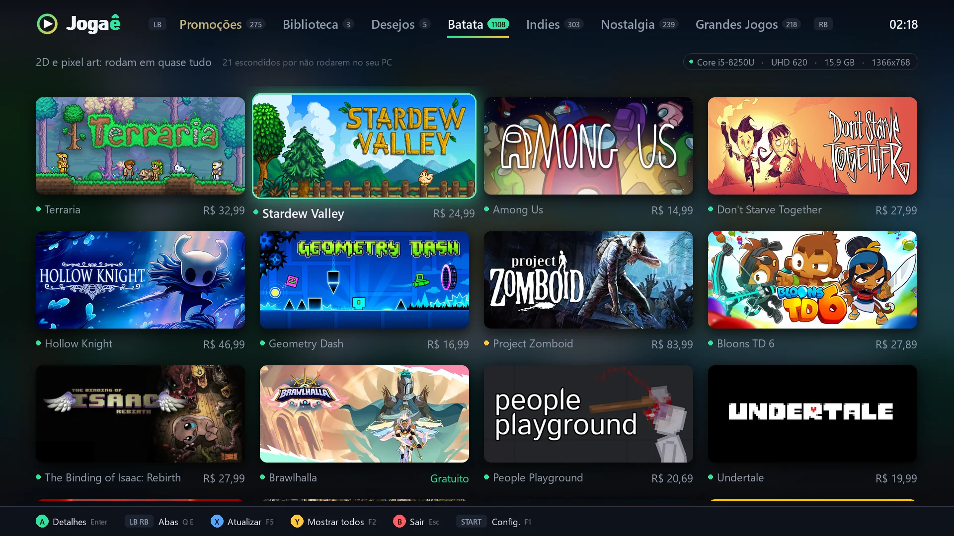 Painel do Jogaê mostrando jogos que rodam no PC