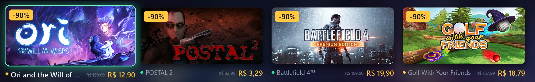 Aba de promoções com jogos compatíveis e descontos de 90%